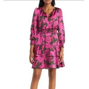 Sam Edelman Green/Pink Tropical Leaf Print Tie Neck Ruffle Tiered Dress Size S